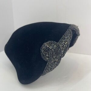 Vintage Black Velvet Beaded Pillbox Hat Made in France 1940s Whimsigoth Glam